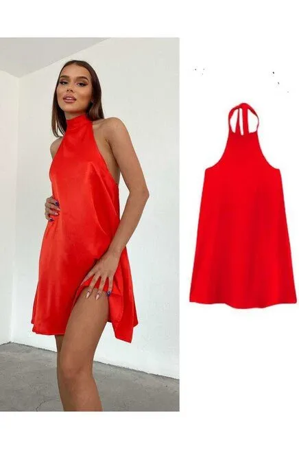 Solid Tie Backless Halter Dress