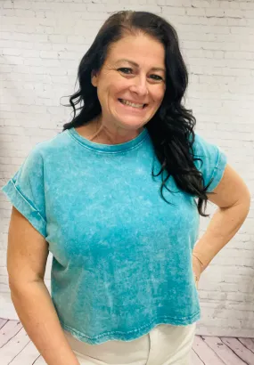 Teal Acid Wash Cropped Tee