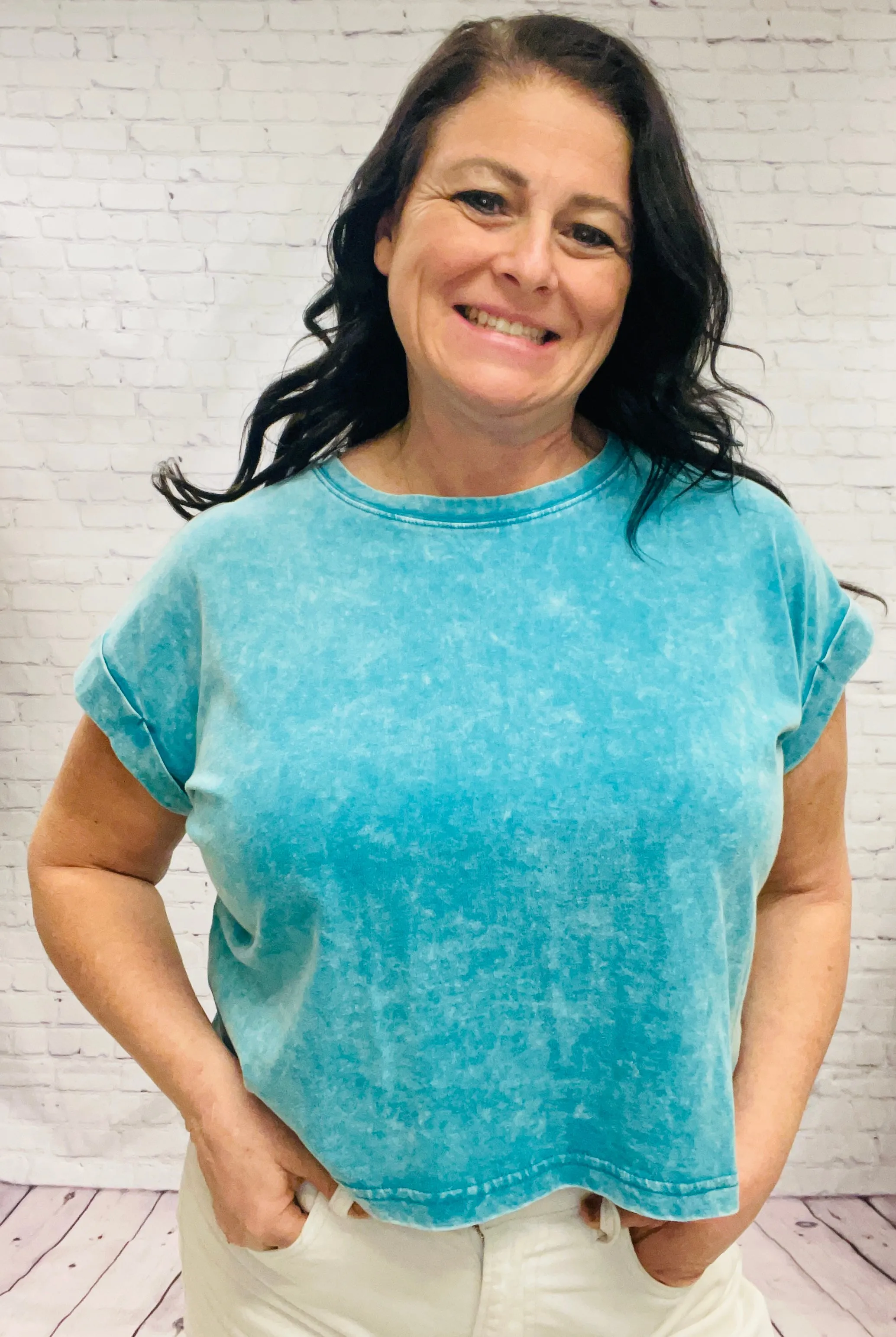 Teal Acid Wash Cropped Tee