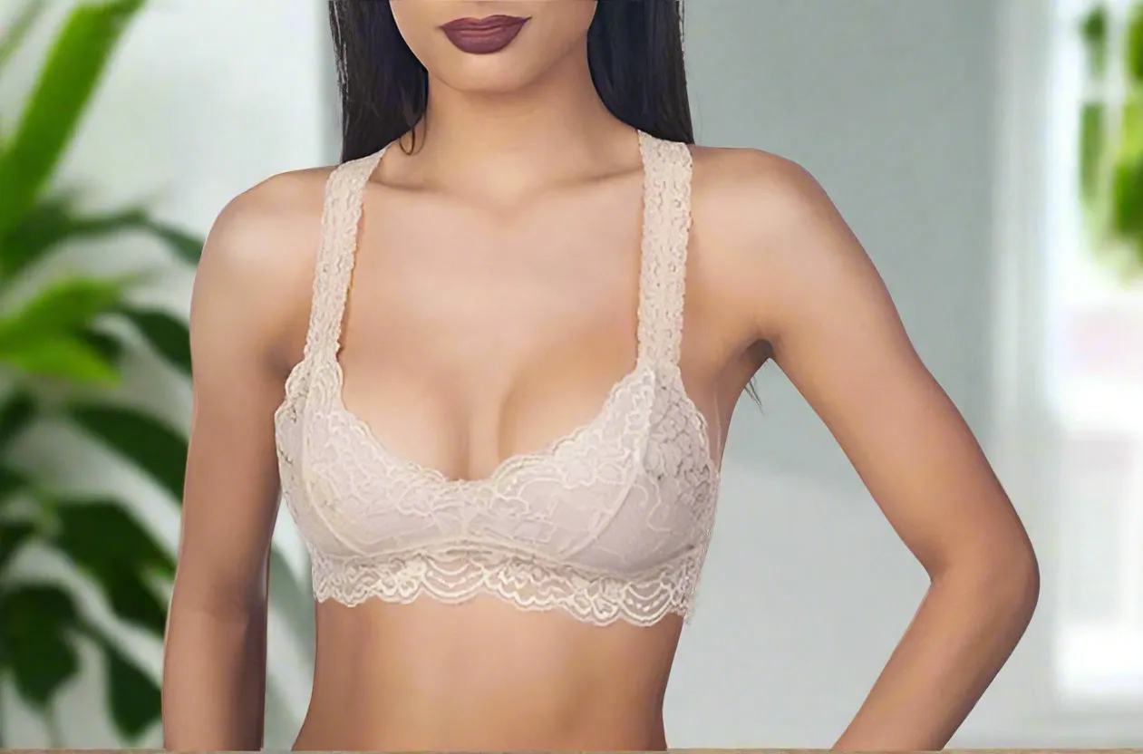 Womens Beige Lace Bralette, Racerback Style Bra, Sizes S/M/L/XL